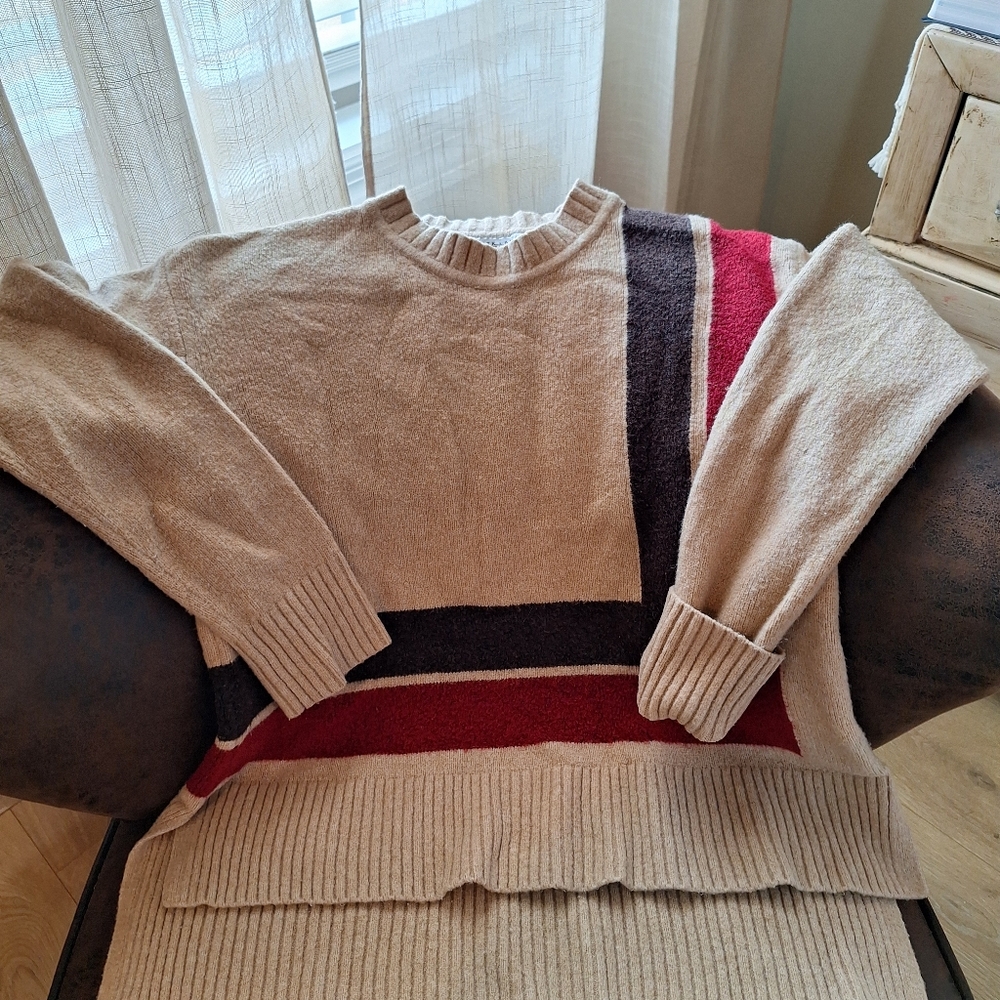 Derek Lam womens sweater size S, kaki with chocolate and wine colored stripes